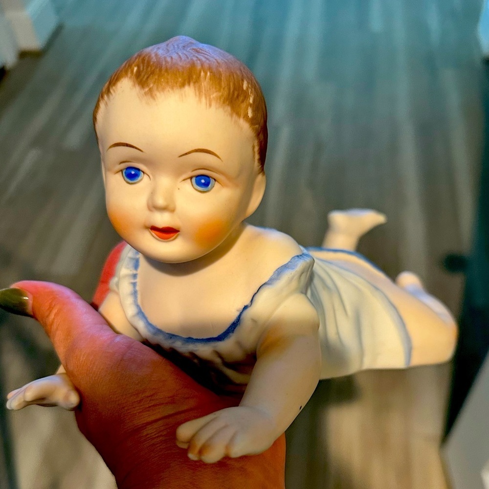 Vtg Piano Baby Figurine Statue Hand Painted Bisque Porcelain Antique 10.5" x 5"